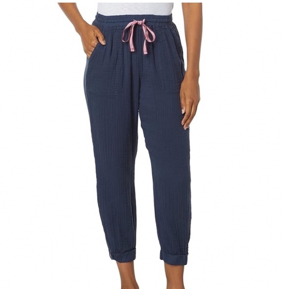 Sundry Navy Blue Double Gauze Cotton Jogger Pants Pink Stripe Drawstring Size 2